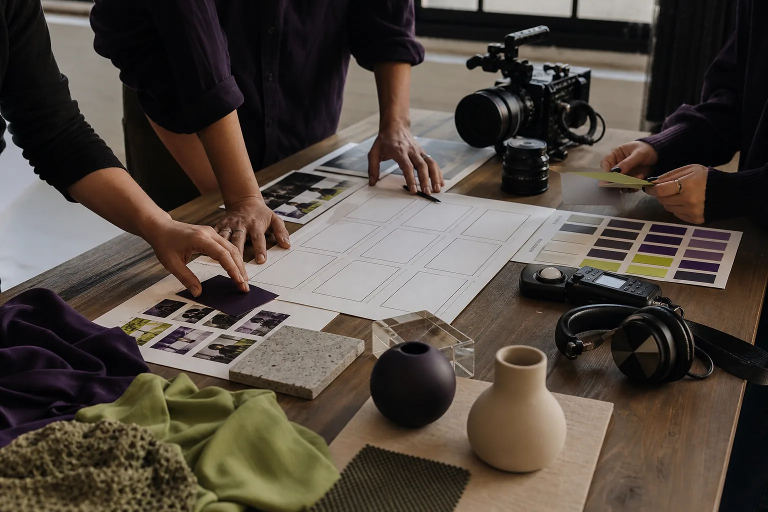 Creative team organizing storyboards, color references and production equipment before a brand video shoot