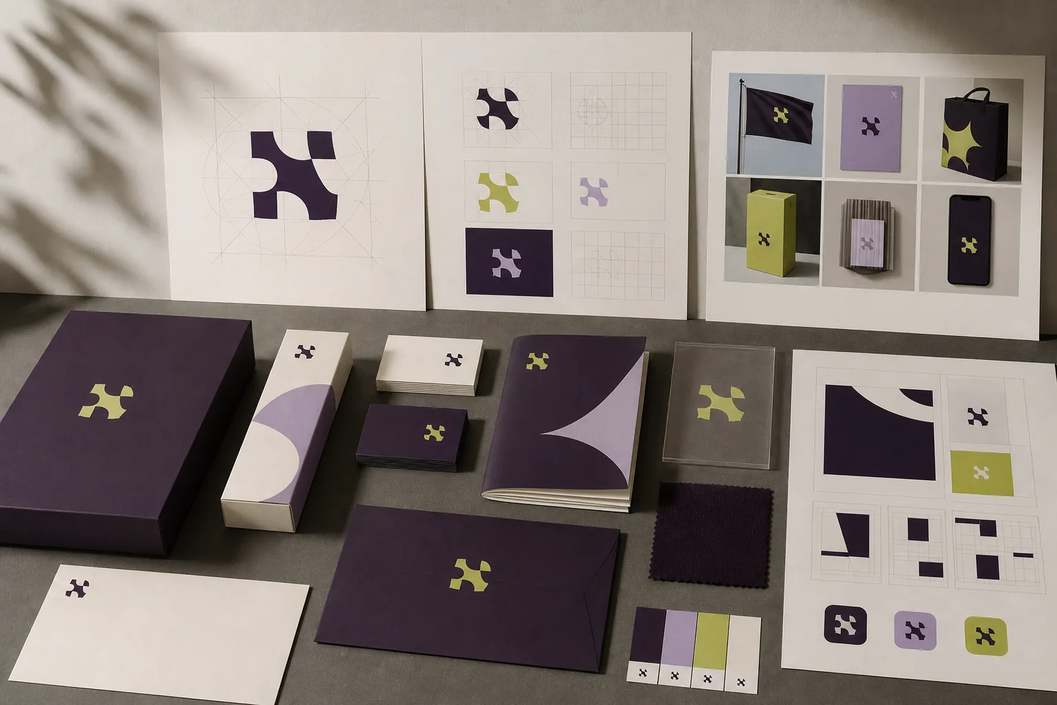 Coordinated identity system applying one abstract mark across packaging, stationery, digital layouts and brand guidelines