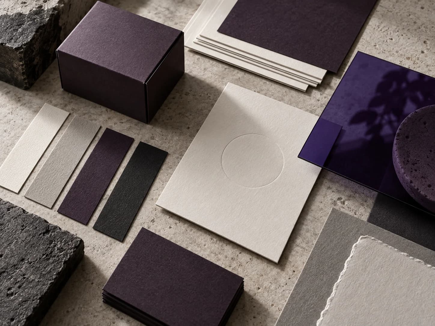 Materiales de identidad con muestras de papel, una caja plegada y material violeta translúcido