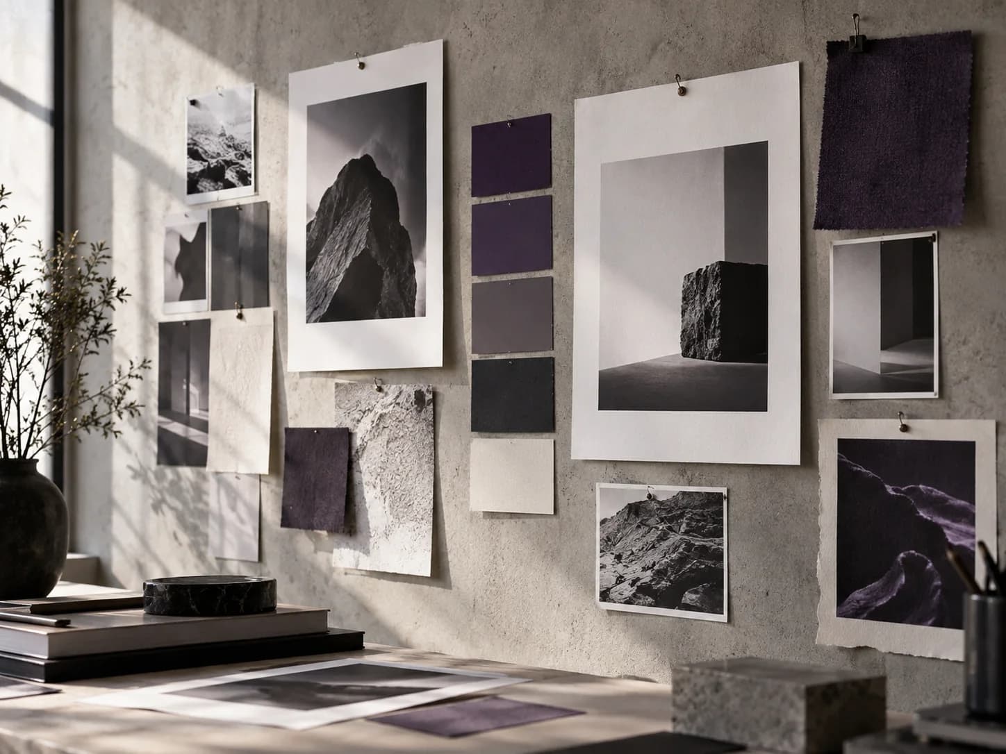 Muro de estrategia con estudios de imagen y muestras de color ordenadas sobre concreto