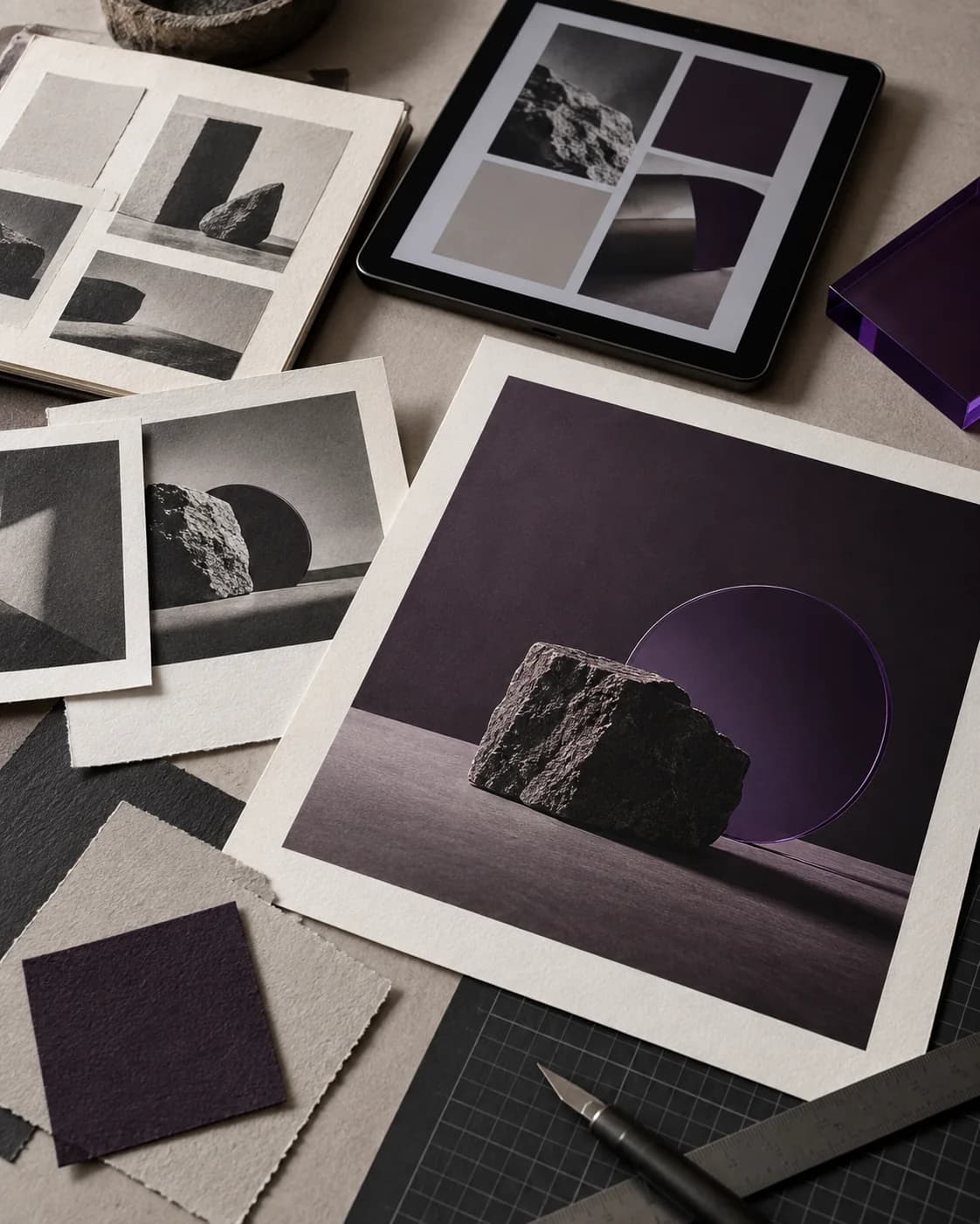 Pruebas de imagen, un diseño digital abstracto y acrílico violeta sobre una mesa de trabajo