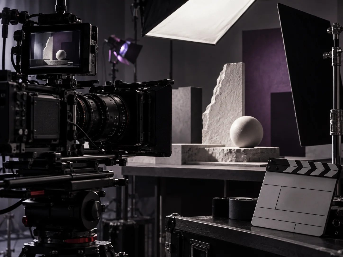 Cámara de cine sin marca apuntando a una escena iluminada en estudio