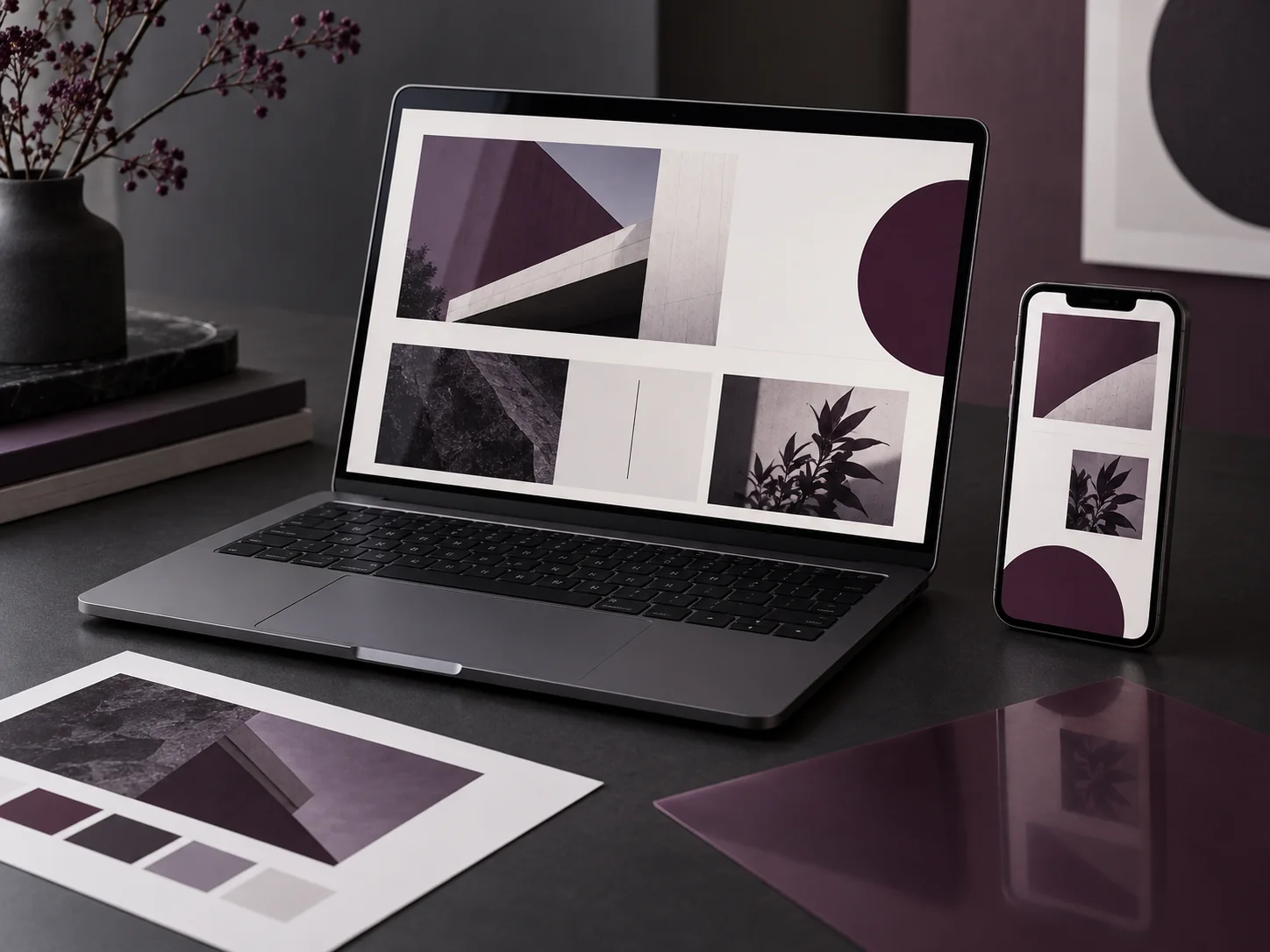 Diseños abstractos de páginas web en una laptop y un teléfono