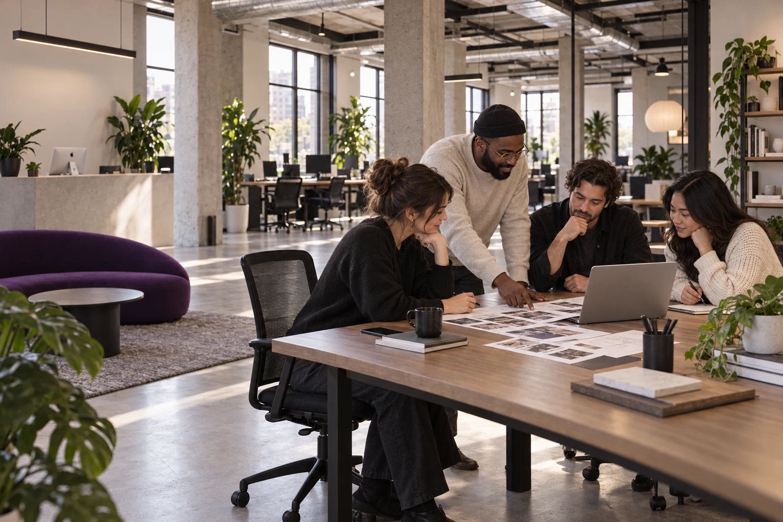 El equipo creativo de Friendly colabora alrededor de una mesa en el estudio
